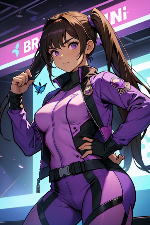 Mujer joven, brown hair in two pigtails, vincha morada, Purple super hero suit, con alas de mariposa 