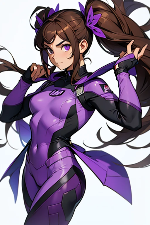 Mujer joven, brown hair in two pigtails, vincha morada, Purple super hero suit, con alas de mariposa