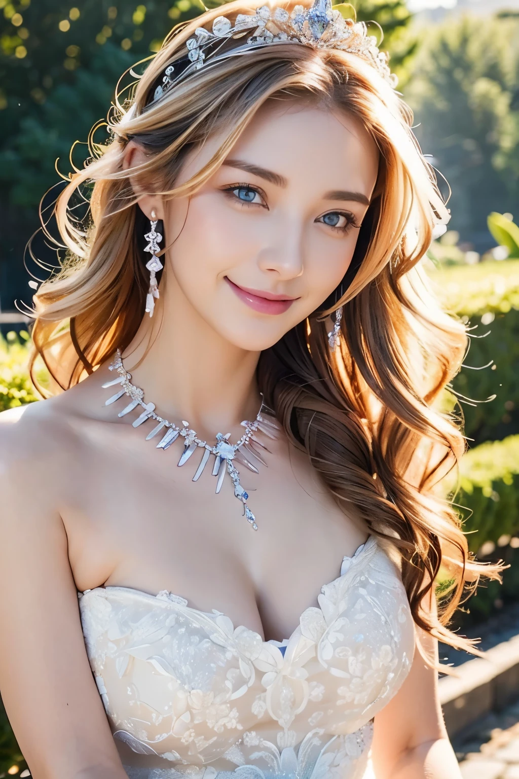 full body、Bright garden、Wedding dress、weddress、blue eyes、blonde、Happy Face、jeweled tiara、short hair、necklace、 (((masterpiece)))、((highest quality))、((超Realistic))、perspective、Very detailed、The perfect temptation、Best image quality、Fine-grained image quality、beautiful、European, woman, French, woman Italian, Italian, jewelry, blue eyes, Realistic, High resolution, Glowing Skin, (Detailed face),tattoo, jewelry, Wavy Hair,attractive appearance, smile, Perfect Style,Ｄcup 、 Perfect balance, 