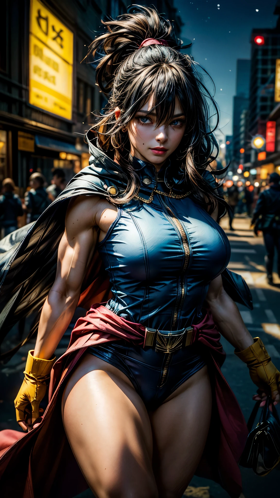 (masterpiece, best quality:1.4), cinematic light, colorful, high contrast, (1girl), NanaShimura, boku no hero academia,  big breast, thicc thighs, muscular body, black hair, mole under mouth, large breasts, (blue eyes), hair between eyes, sleeveless, black bodysuit, red belt, white cape, yellow gloves, in the city, night, stars, 