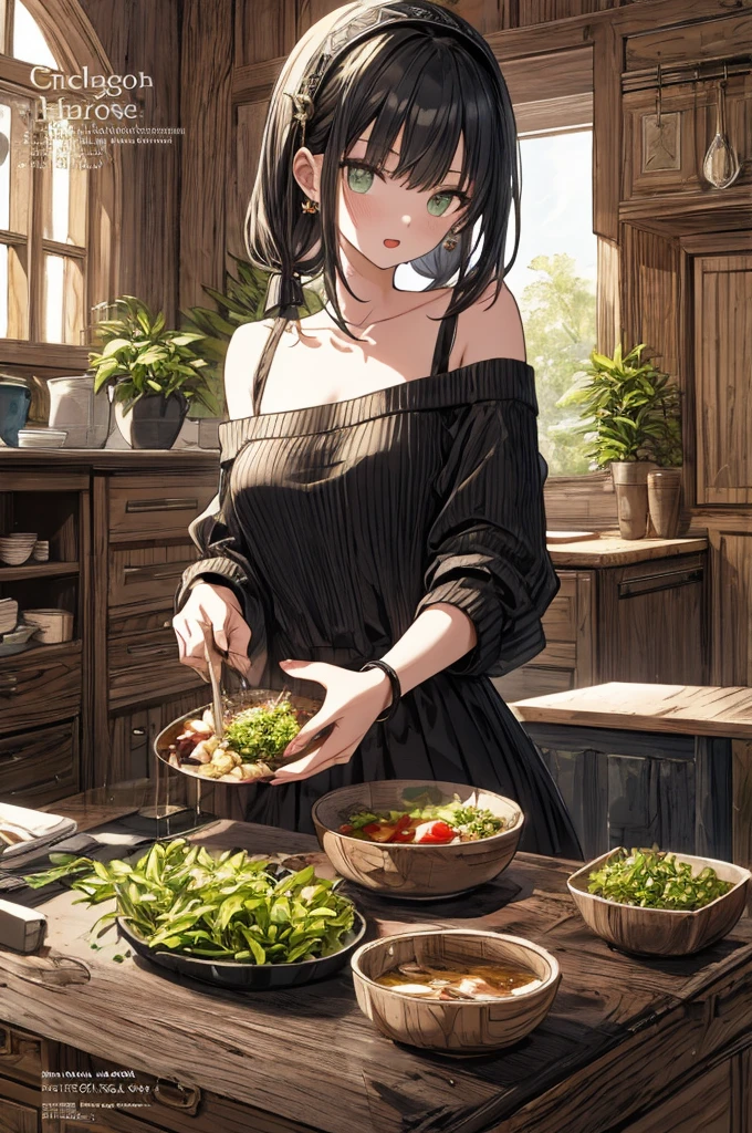 (small breasts:1.3), (perky chest:1.1), (pointed chest:1.0), (fashion magazine cover:1.3),(from below:1.0),(from side:0.9),masterpiece, 1girl, Amazing Cleavage:1.1, thin waist, big ass, Raised sexy, small breast: 1.3, posed cleavage:1.2、solo, looking at viewer, open mouth, have a cute grass of cute beergrass,black hair, dark green eyes, dress, bare shoulders, jewelry, collarbone, sidelocks, hairband, earrings, indoors, off shoulder, :o, sweater, arms behind back, plant, short hair with long locks, gild hairband, off-shoulder dress, sweater dress, off-shoulder sweater, red sweater, dark gord hair, big side hair, very long side hair,is rendered in (masterpiece: 1.2, best quality), with (ultra high resolution) and an exquisite (depth of field). This masterpiece is not only visually stunning but also tells,A scene of cooking in the kitchen by classroom