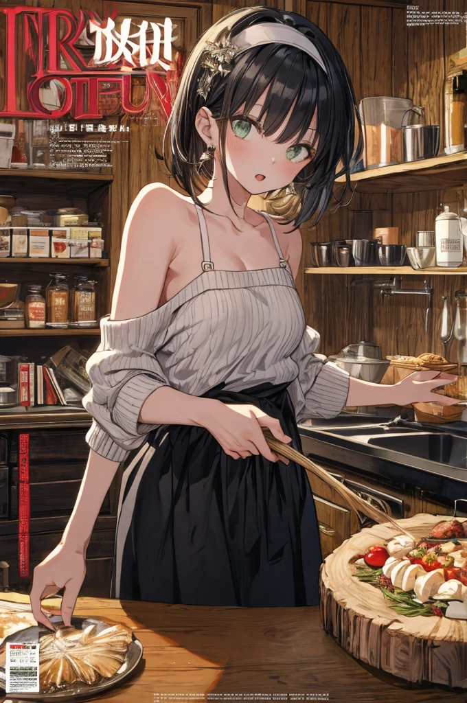 (small breasts:1.3), (perky chest:1.1), (pointed chest:1.0), (fashion magazine cover:1.3),(from below:1.0),(from side:0.9),masterpiece, 1girl, Amazing Cleavage:1.1, thin waist, big ass, Raised sexy, small breast: 1.3, posed cleavage:1.2、solo, looking at viewer, open mouth, have a cute grass of cute beergrass,black hair, dark green eyes, dress, bare shoulders, jewelry, collarbone, sidelocks, hairband, earrings, indoors, off shoulder, :o, sweater, arms behind back, plant, short hair with long locks, gild hairband, off-shoulder dress, sweater dress, off-shoulder sweater, red sweater, dark gord hair, big side hair, very long side hair,is rendered in (masterpiece: 1.2, best quality), with (ultra high resolution) and an exquisite (depth of field). This masterpiece is not only visually stunning but also tells,A scene of cooking in the kitchen by classroom