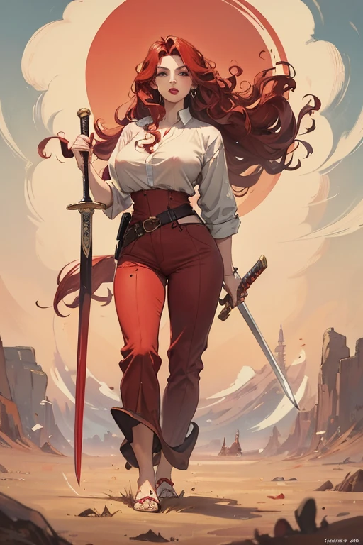 A large breasted redhead standing on the ground and holding a sword, wide hips, thin waist, beautiful full red lips, lush wavy hair, long torpedo shaped tits, brown pants, loose white blouse