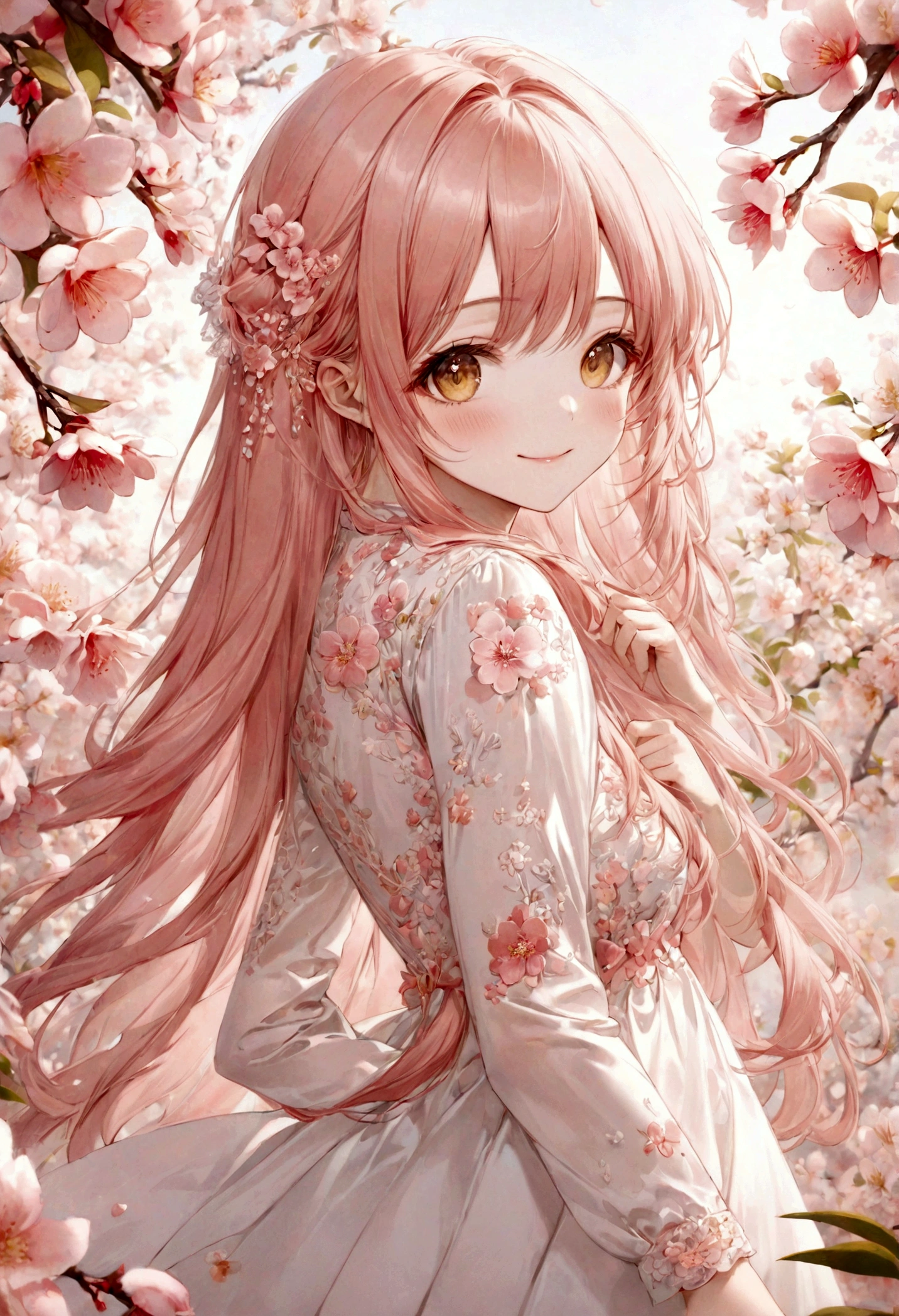 ((top-quality)), ((​masterpiece)), ((ultra-detailliert)), (extremely delicate and beautiful), peach pink hair, peach blossoms in the background, long straight hair, golden eyes, pretty girl, innocent, pure, smiling, wearing silky white dress, embroidered flowers on dress
