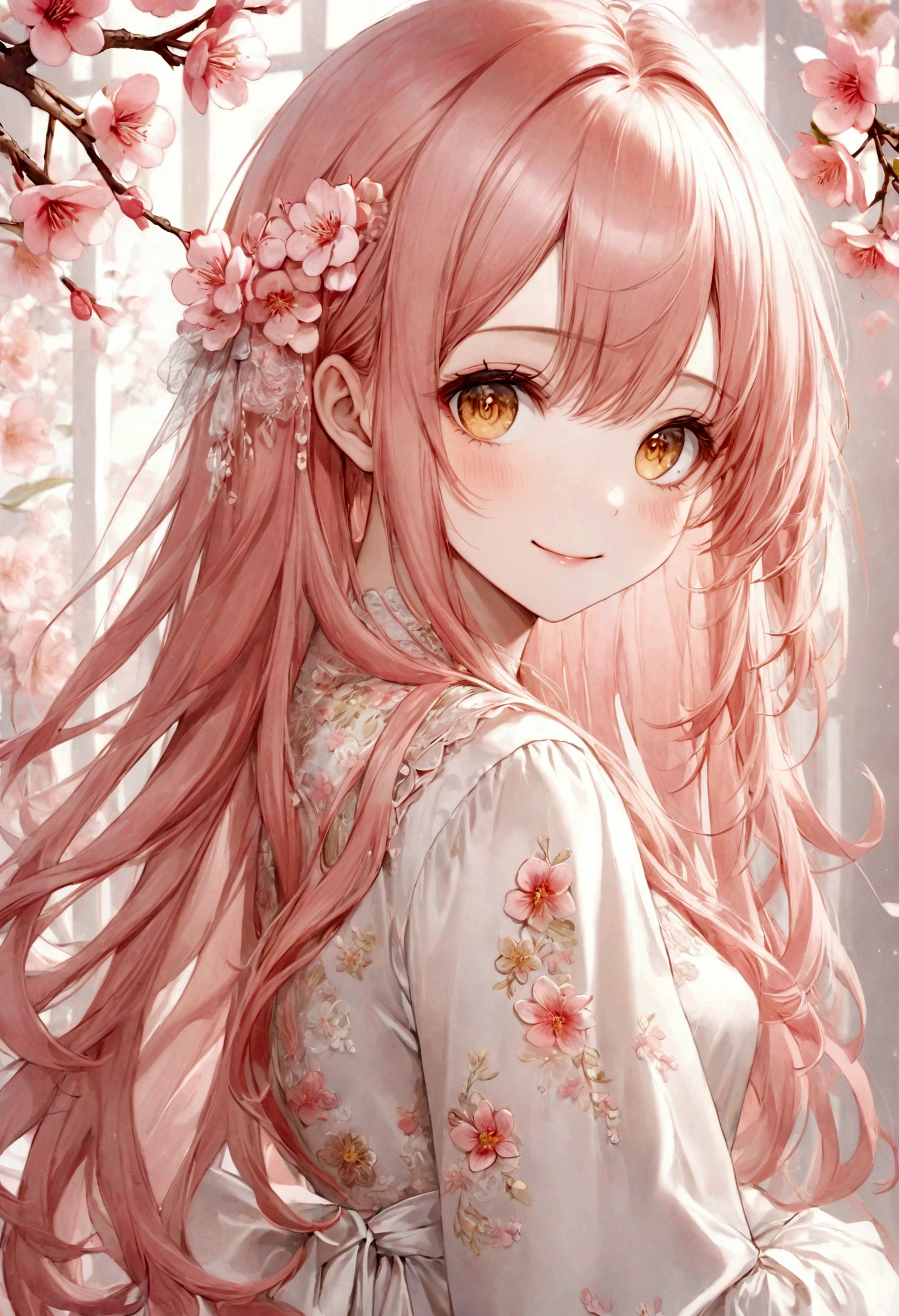 ((top-quality)), ((masterpiece)), ((ultra-detailliert)), (extremely delicate and beautiful), peach pink hair, peach blossoms in the background, long straight hair, golden eyes, pretty girl, innocent, pure, smiling, wearing silky white dress, embroidered flowers on dress