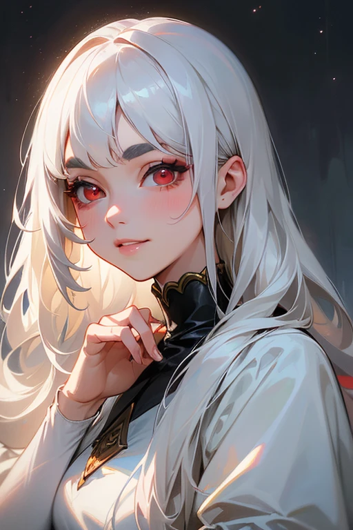 (highest quality, masterpiece:1.2), High resolution, 最高masterpiece、Very detailed, Realistic:1.37, Fantasy, An illustration,Gray Hair、 Red eyes、Queen, White Dress、beautifully、Eyeshadow Red、Thick eyebrows、Long eyelashes、pupils are black、shiny on the lips、Top Sites、Queen、Princess、A kind smile、Show your teeth a little and smile、Soft impression、people々々々々Loved by、Slimming the face、Kissing Face、Long white hair、Shaggy Bangs、Gazing at the night sky、Keep the image of your face、Long straight line