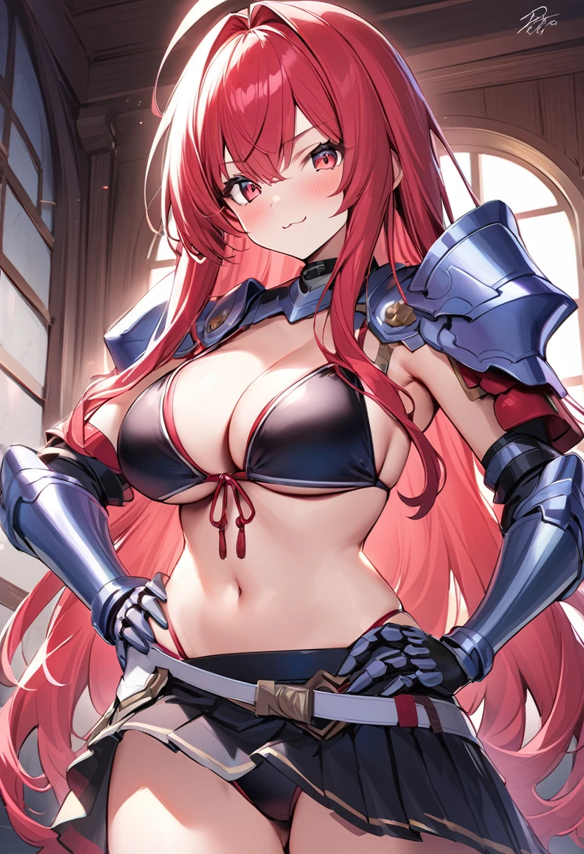 (masutepiece, Best Quality), 1girl, breasts, long-hair, solo, red-hair, armor, red-eyes, shoulder-armor, navel, large-breasts, very-long-hair, pauldrons, looking-at-viewer, hair-between-eyes, bikini, cleavage, swimsuit, ahoge, indoors, :3, gauntlets, closed-mouth, bikini-top-only, smile, bangs, collarbone, hair-intakes, bikini-armor, standing, black-bikini, hands-on-hips, stomach, cowboy-shot, choker, signature, hand-on-hip, ((skirt))
