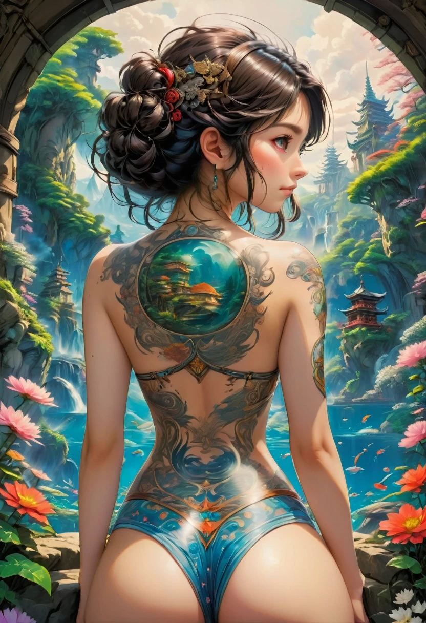 Back Tattoo, by Studio Ghibli, best quality, masterpiece, very aesthetic, perfect composition, intricate details, ultra-detailed