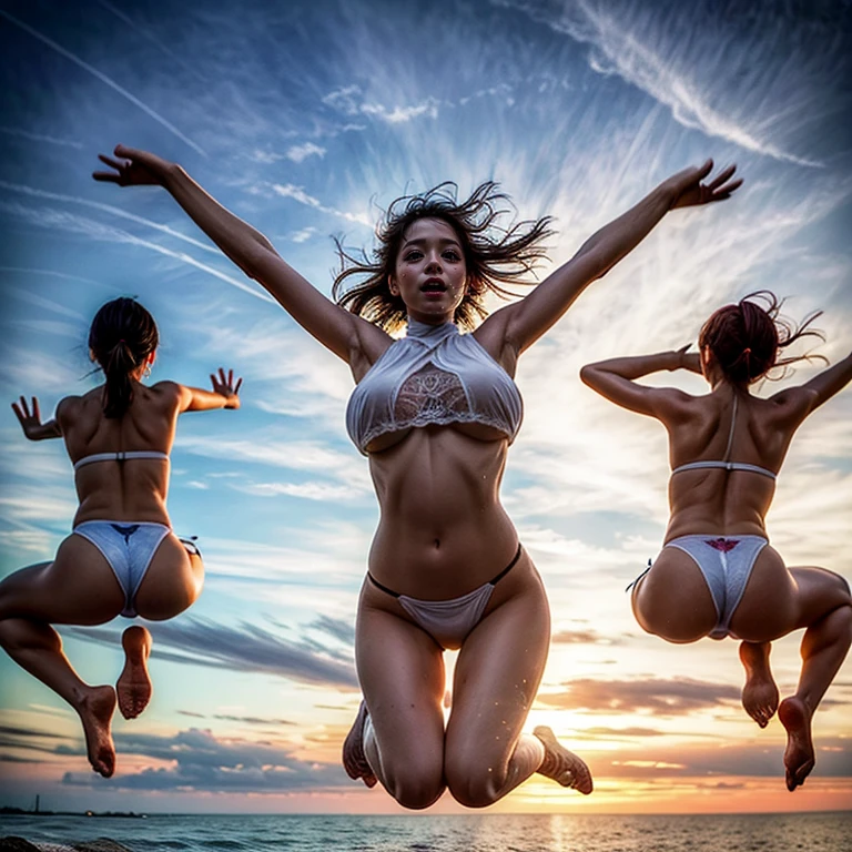 (White and vivid colors, exposed:1.2), (nipple:-1), (Acutance:0.85), (Upward composition, Thongs:1.2), surfer girls (Flying, Jumping High:1.5), ((face variations)), { Navel | pretty Ass | Delicate lace knitted wear | (morning glowing) }, { Glistening tanline | oiled ivory skin | Childish | Overflowing | Biomechanical HUGE and HEAVY boob } . BREAK (portrayed in the best quality and high resolution, ultra-detailed, realistic and (photorealistic:1.37) with a touch of rawness). { Volumetric ((back lighting)) | concept art | enhancing the overall visual impact }. { Whole Body proportions and all limbs are anatomically accurate | ((Gigantic Overflowing sideboob:1.25)) | (:d) | (Different types of hair colors) } . (Legwear:-1) .