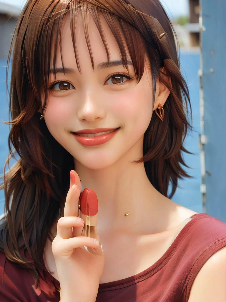 1girl, solo, looking at viewer, smile, simple background, brown hair, brown eyes, jewelry, closed mouth, earrings, lips, blue background, portrait,red lips