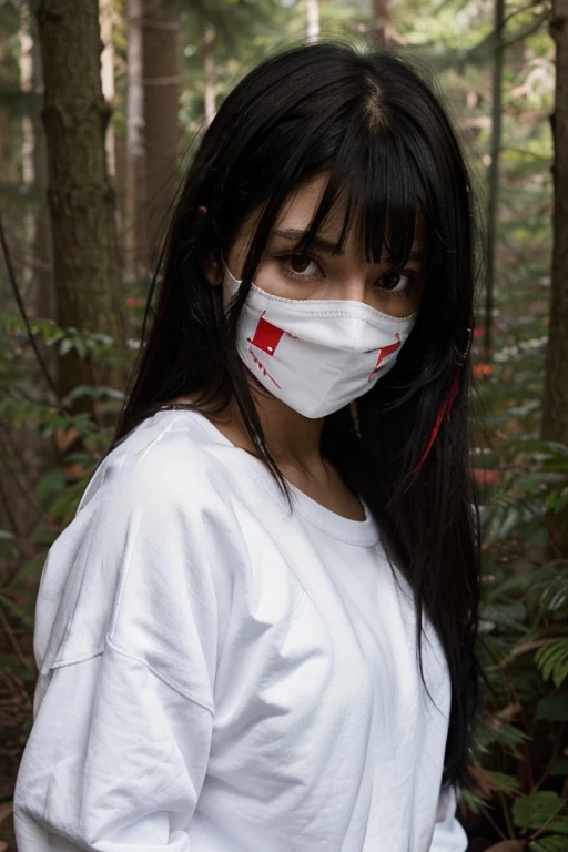 Sad girl, black hair just above the shoulder with bangs and red highlights, she wears a white mask, she wears a large white long-sleeved sweatshirt and short, tight black shorts, she is in a dark forest