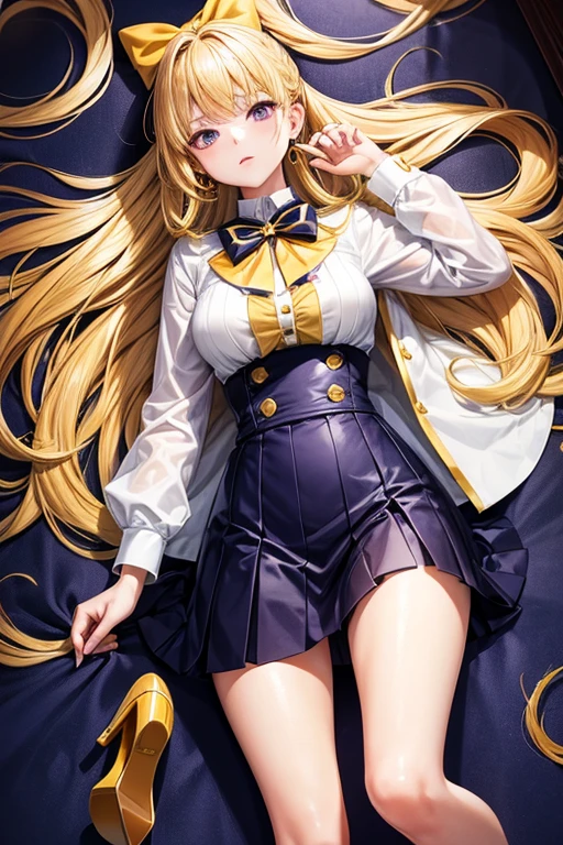 Create full body image of woman long hair, dark yellow hair, gold earrings, white shirt, navy blue mini skirt, two-tone heels, purple bow on the chest, lying on the floor, very detailed image, very realistic, good lighting and very colorful, seen from below. With a face of discomfort