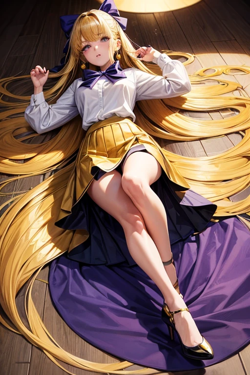 Create full body image of woman long hair, dark yellow hair, gold earrings, white shirt, navy blue mini skirt, two-tone heels, purple bow on the chest, lying on the floor, very detailed image, very realistic, good lighting and very colorful, seen from below. With a face of discomfort