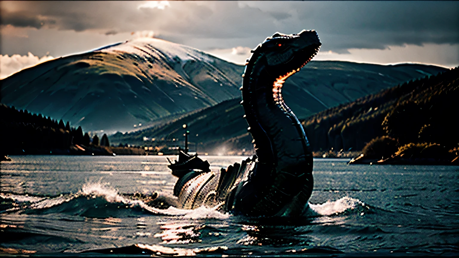 loch ness monster + 1980 + incredibly detailed, sharp, details + professional lighting, film lighting + 35mm + anamorphic + lightroom + cinematography + art station --q 2 --v 4 --ar 3:2