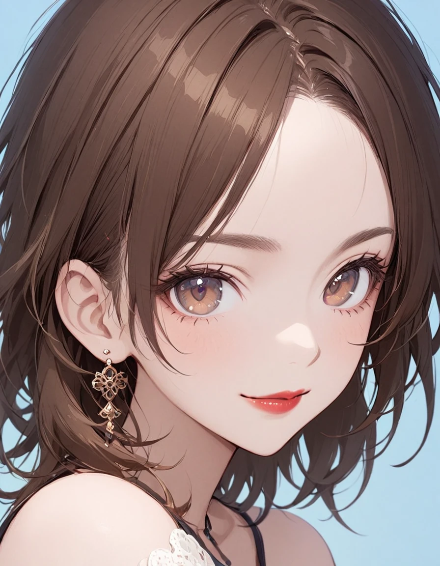 1girl, solo, looking at viewer, smile, simple background, brown hair, brown eyes, jewelry, closed mouth, earrings, lips, blue background, portrait,red lips