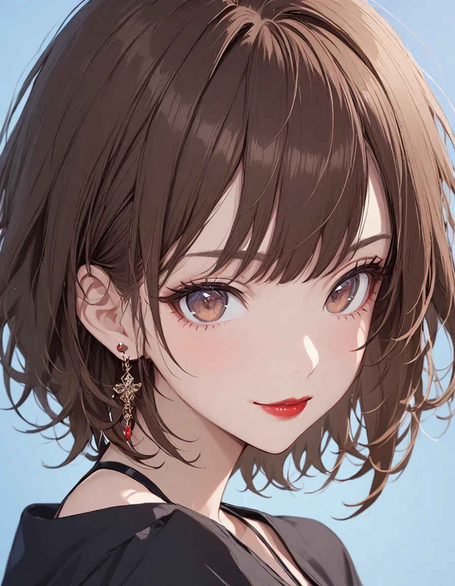 1girl, solo, looking at viewer, smile, simple background, brown hair, brown eyes, jewelry, closed mouth, earrings, lips, blue background, portrait,red lips