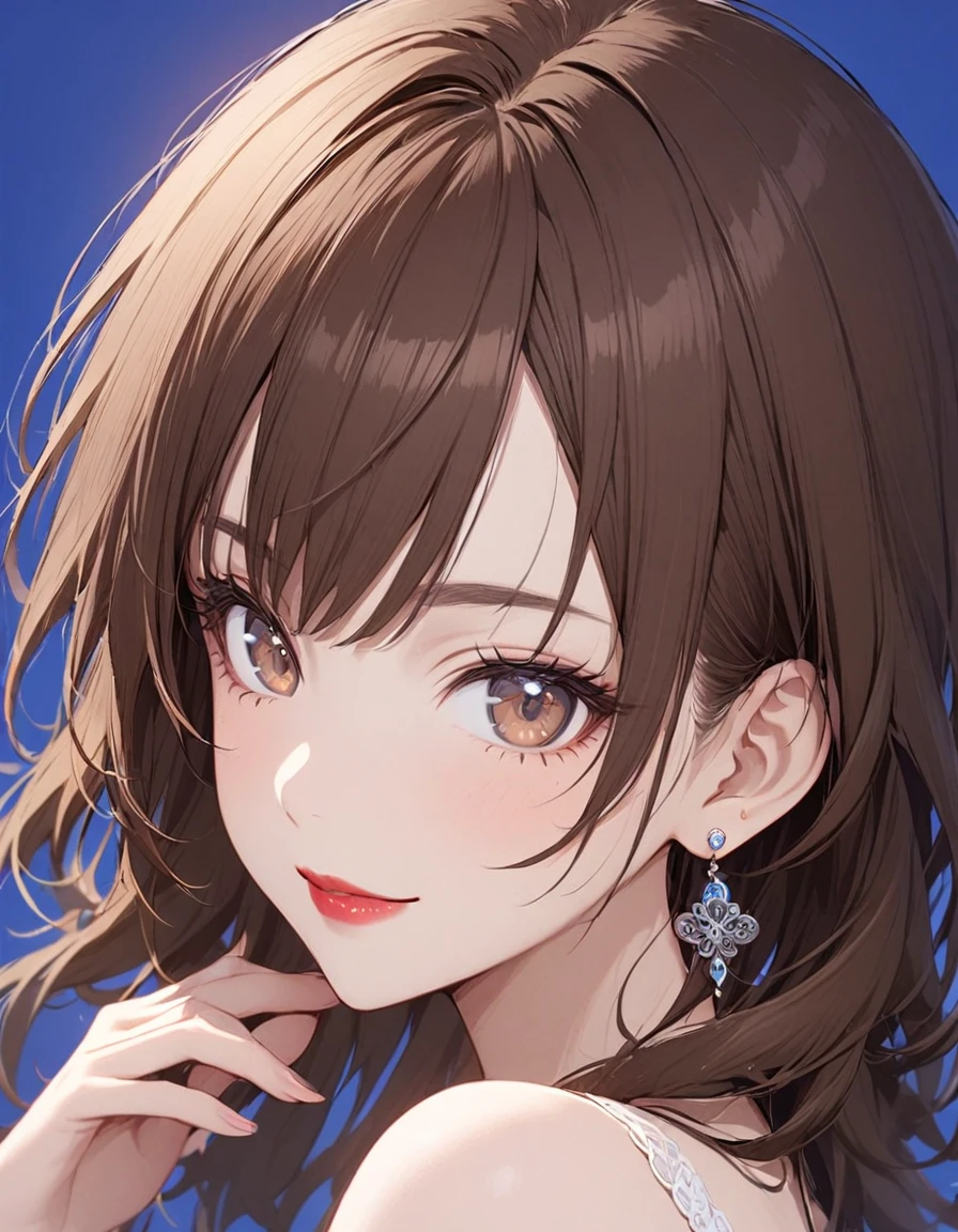 1girl, solo, looking at viewer, smile, simple background, brown hair, brown eyes, jewelry, closed mouth, earrings, lips, blue background, portrait,red lips