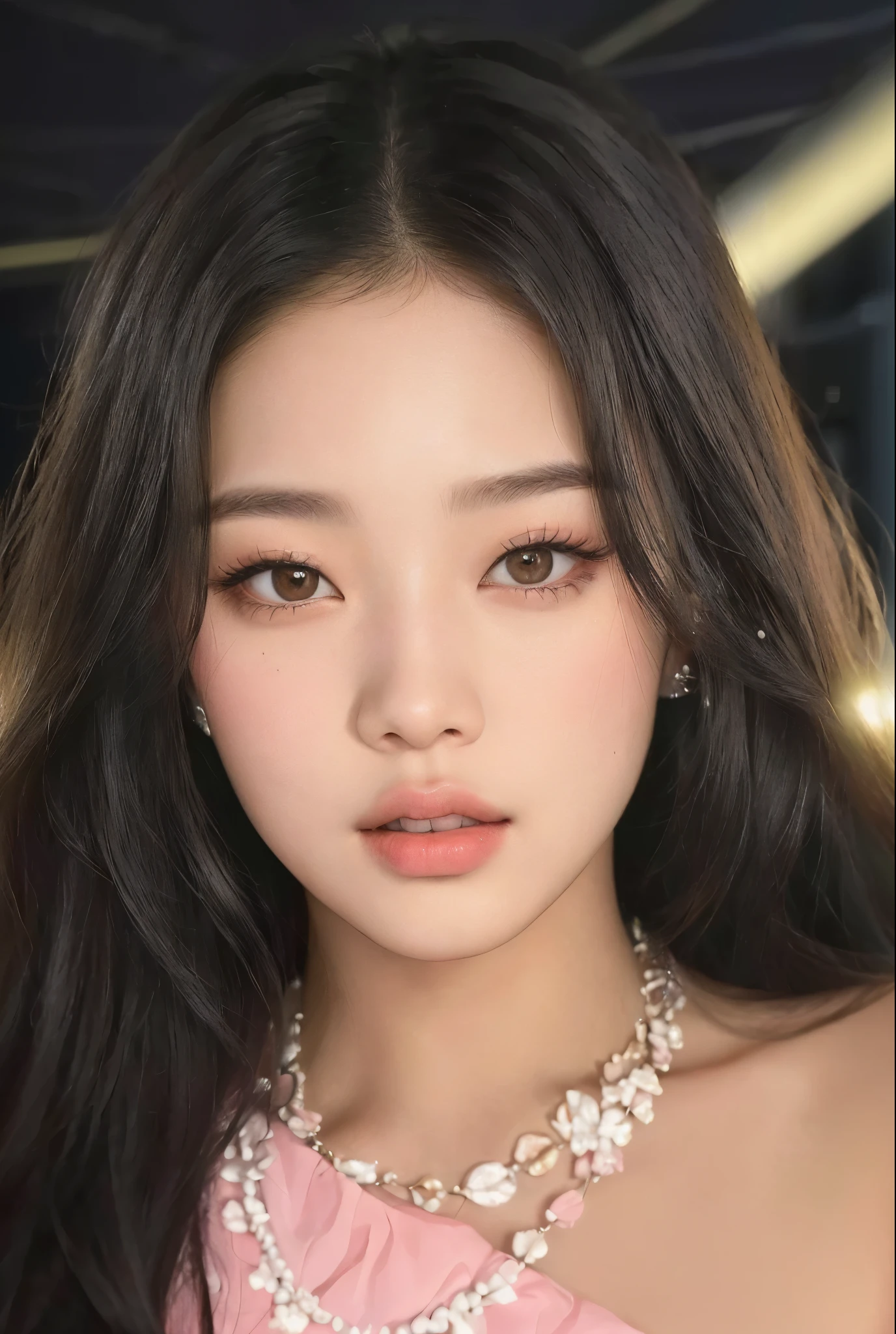 un primer plano de una mujer con cabello largo y vestido rosa, jennie rosa negro, maquillaje popular de corea del sur, portrait of jossi de blackpink, Maquillaje coreano popular, parque roseanne de blackpink, hermosa mujer surcoreana, retrato de jisoo rosa negro, jossi de blackpink, rasgos de la cara coreana, pale korean adorable face, hermosa joven coreana, female korean idol portrait, rostro de Jennie de blackpink