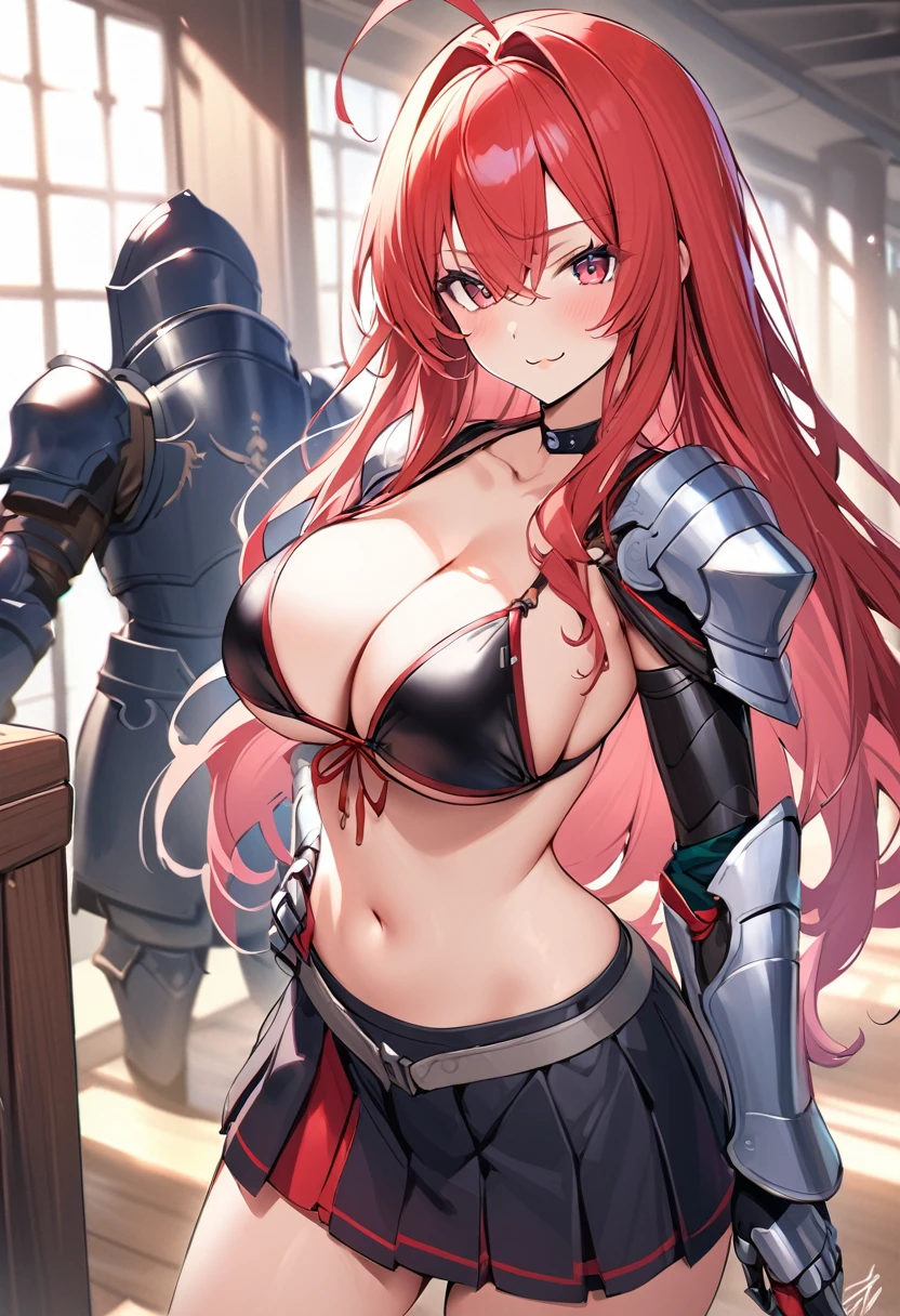 (masutepiece, Best Quality), 1girl, breasts, long-hair, solo, red-hair, armor, red-eyes, shoulder-armor, navel, large-breasts, very-long-hair, pauldrons, looking-at-viewer, hair-between-eyes, bikini, cleavage, swimsuit, ahoge, indoors, :3, gauntlets, closed-mouth, bikini-top-only, smile, bangs, collarbone, hair-intakes, bikini-armor, standing, black-bikini, hands-on-hips, stomach, cowboy-shot, choker, signature, hand-on-hip, ((skirt))
