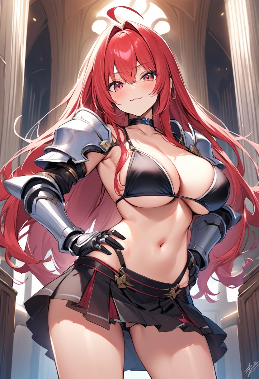 (masutepiece, Best Quality), 1girl, breasts, long-hair, solo, red-hair, armor, red-eyes, shoulder-armor, navel, large-breasts, very-long-hair, pauldrons, looking-at-viewer, hair-between-eyes, bikini, cleavage, swimsuit, ahoge, indoors, :3, gauntlets, closed-mouth, bikini-top-only, smile, bangs, collarbone, hair-intakes, bikini-armor, standing, black-bikini, hands-on-hips, stomach, cowboy-shot, choker, signature, hand-on-hip, ((skirt))
