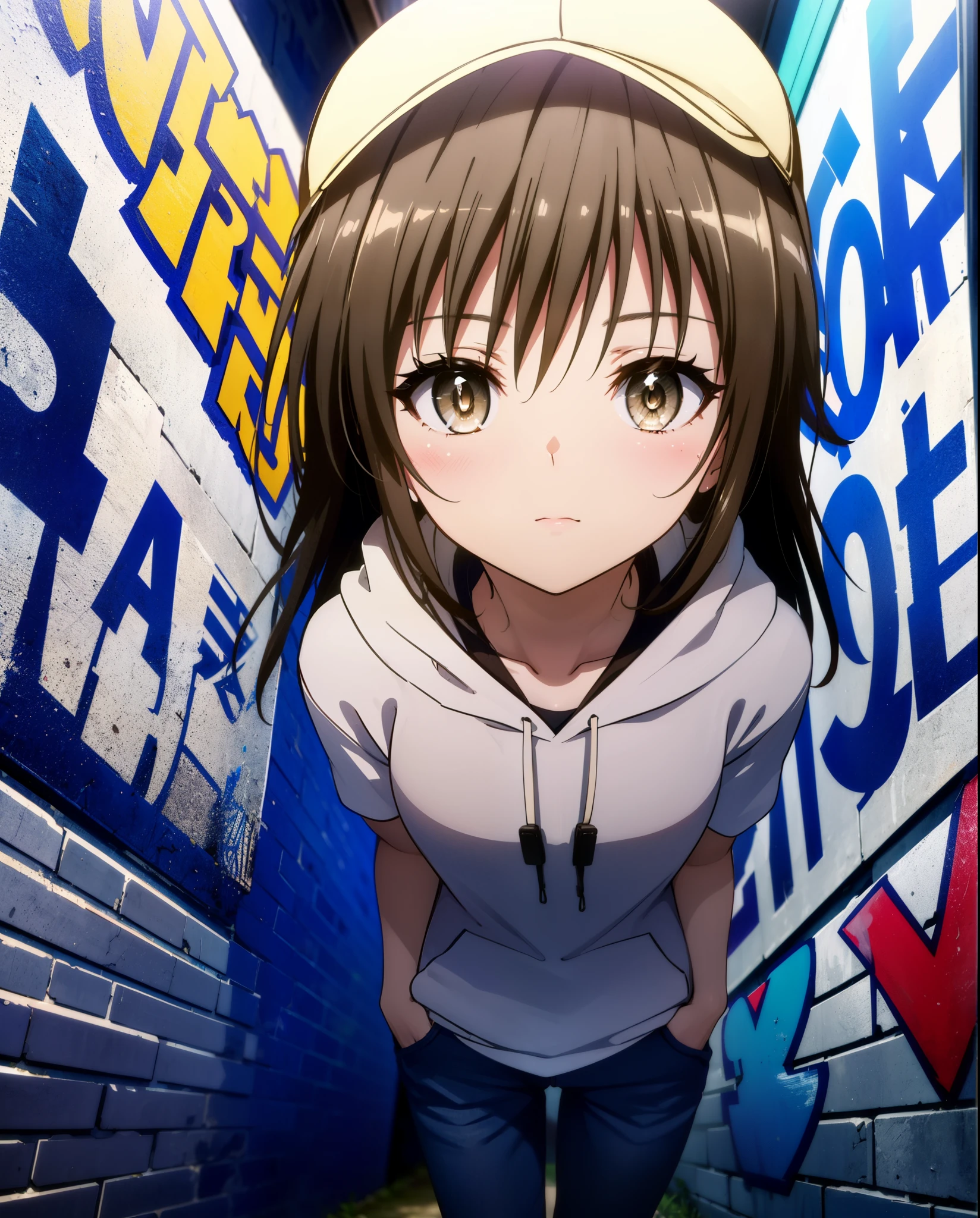 yuikotegawa, Yui Kotegawa, Black Hair, (Brown eyes:1.5), Long Hair,Baseball hats,Oversized hoodie,Oversized jeans,High-top sneakers,Both hands are in the pockets of the hoodie,Graffiti wall,whole bodyがイラストに入るように,Walking,Looking up from below,
break outdoors, In town,Alley,
break looking at viewer, whole body,(Cowboy Shot:1. 5)
break (masterpiece:1.2), highest quality, High resolution, unity 8k wallpaper, (figure:0.8), (Beautiful fine details:1.6), Highly detailed face, Perfect lighting, Highly detailed CG, (Perfect hands, Perfect Anatomy),