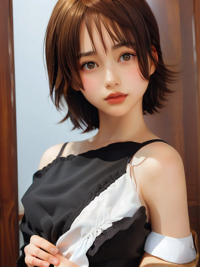 1girl, solo, looking at viewer, short hair, blonde hair, black hair, long sleeves, dress, upper body, multicolored hair, frills, black eyes, lips