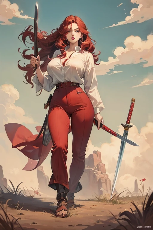 A large breasted redhead standing on the ground and holding a sword, wide hips, thin waist, beautiful full red lips, lush wavy hair, long torpedo shaped tits, brown pants, loose white blouse