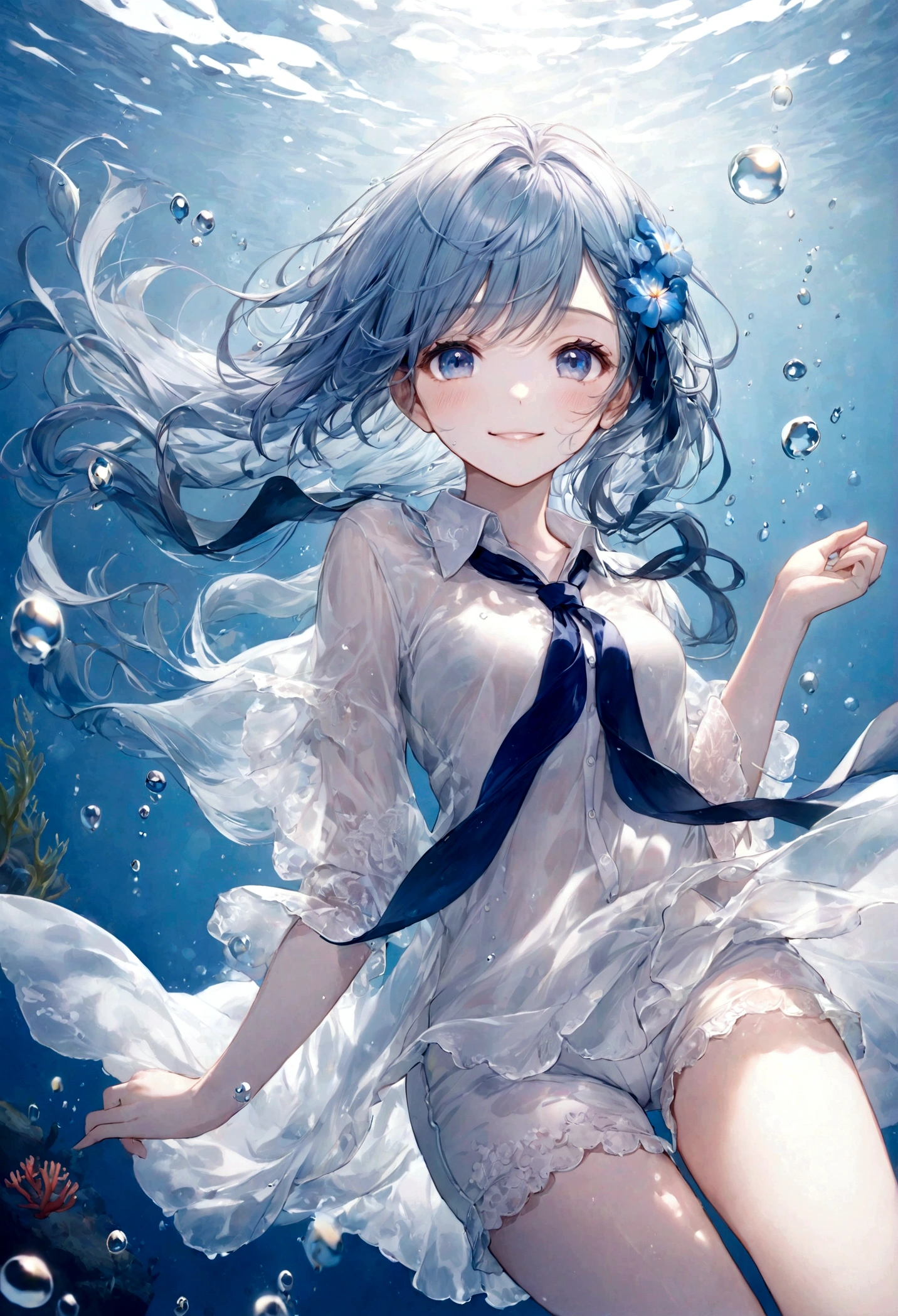 ((top-quality)), ((​masterpiece)), ((ultra-detailliert)), (extremely delicate and beautiful), bright sky blue hair, watery hair, bright sapphire eyes, fair skin, beautiful woman, sheer white shirt, sheer silky white shorts, navy blue ribbon ties, pearl decorations, underwater world, cold background, air bubbles, water bubbles, underwater, sweet smile, relaxed expression, delicate wavy long hair, blue and white flowers in the water