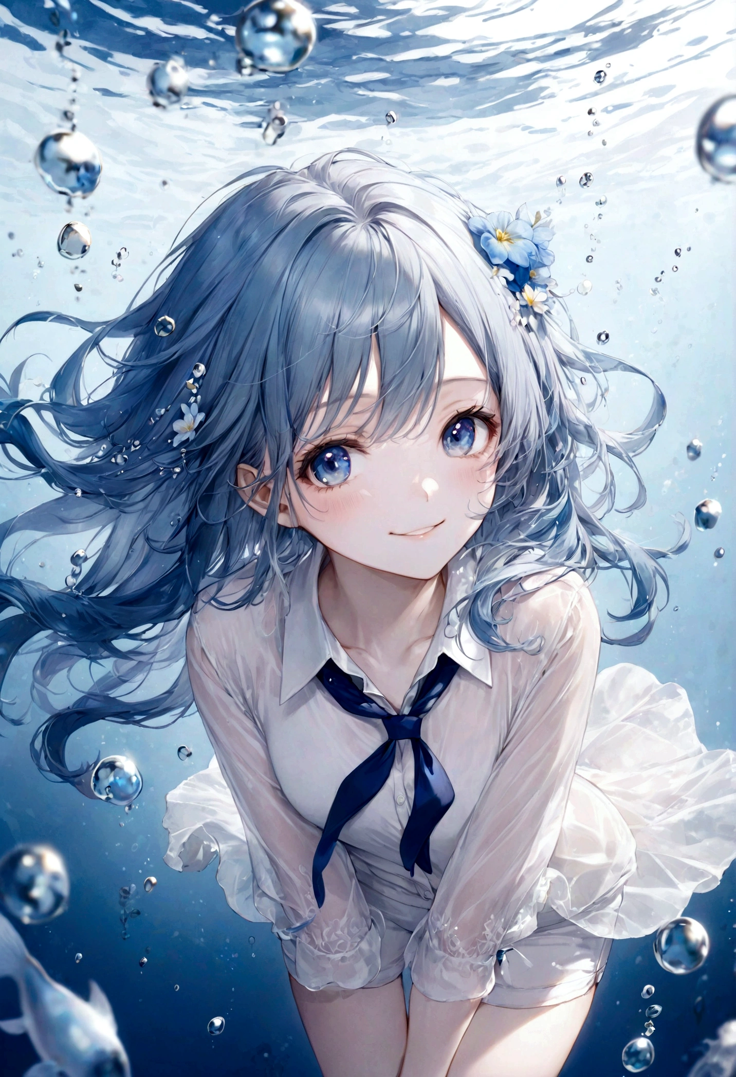 ((top-quality)), ((masterpiece)), ((ultra-detailliert)), (extremely delicate and beautiful), bright sky blue hair, watery hair, bright sapphire eyes, fair skin, beautiful woman, sheer white shirt, sheer silky white shorts, navy blue ribbon ties, pearl decorations, underwater world, cold background, air bubbles, water bubbles, underwater, sweet smile, relaxed expression, delicate wavy long hair, blue and white flowers in the water