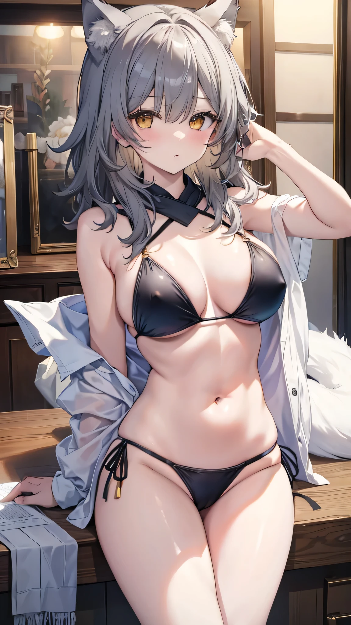 The best masterpiece、Wolf Girl, Large Breasts,, masterpiece 、Halter Bikini、