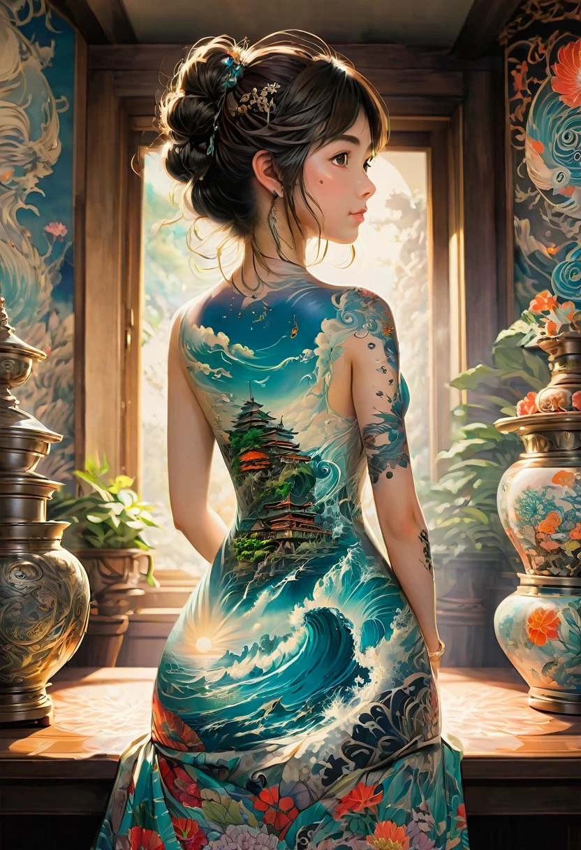 Back Tattoo, dress, by Studio Ghibli, best quality, masterpiece, very aesthetic, perfect composition, intricate details, ultra-detailed