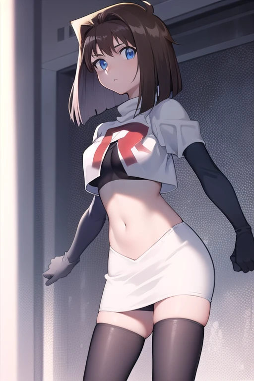 aamazaki, (antenna hair:1.2), blue eyes,medium breasts, team rocket,team rocket uniform,white skirt,red letter R,crop top,black thigh-highs,black elbow gloves,
beautiful, masterpiece, best quality, looking at viewer,