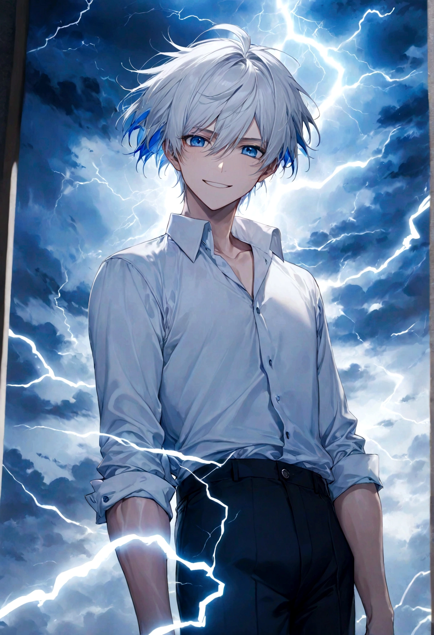 ((top-quality)), ((masterpiece)), ((ultra-detailliert)), (extremely delicate and beautiful), handsome man, lightning blue-white hair, bright blue eyes, thunderstorm background, lightning flashes in the background, crisp white shirt, dark pants, mischievous smile