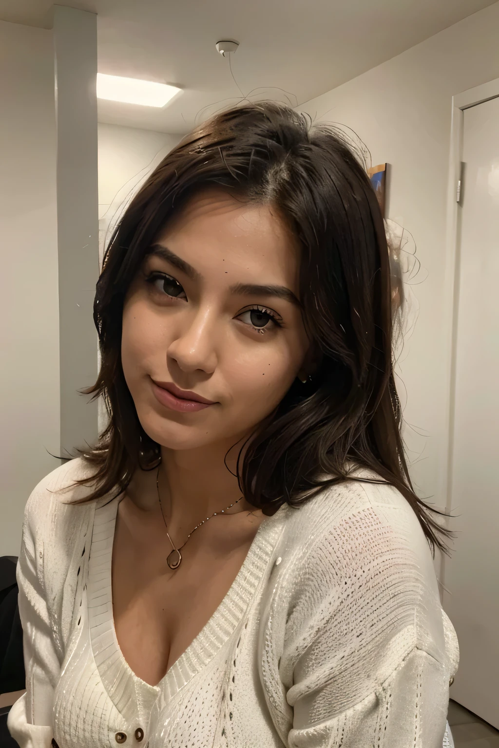 1 chica en, edad19, Solo, ancho, tetas colosales, desnuda, sexi, mostrando sus senos ,mirando al espectador, pelo rubio, hombros descubiertos, Brown eyes, joya, cuerpo completo, un collar, fuera de los hombros, Sweaters, realista, un sexy