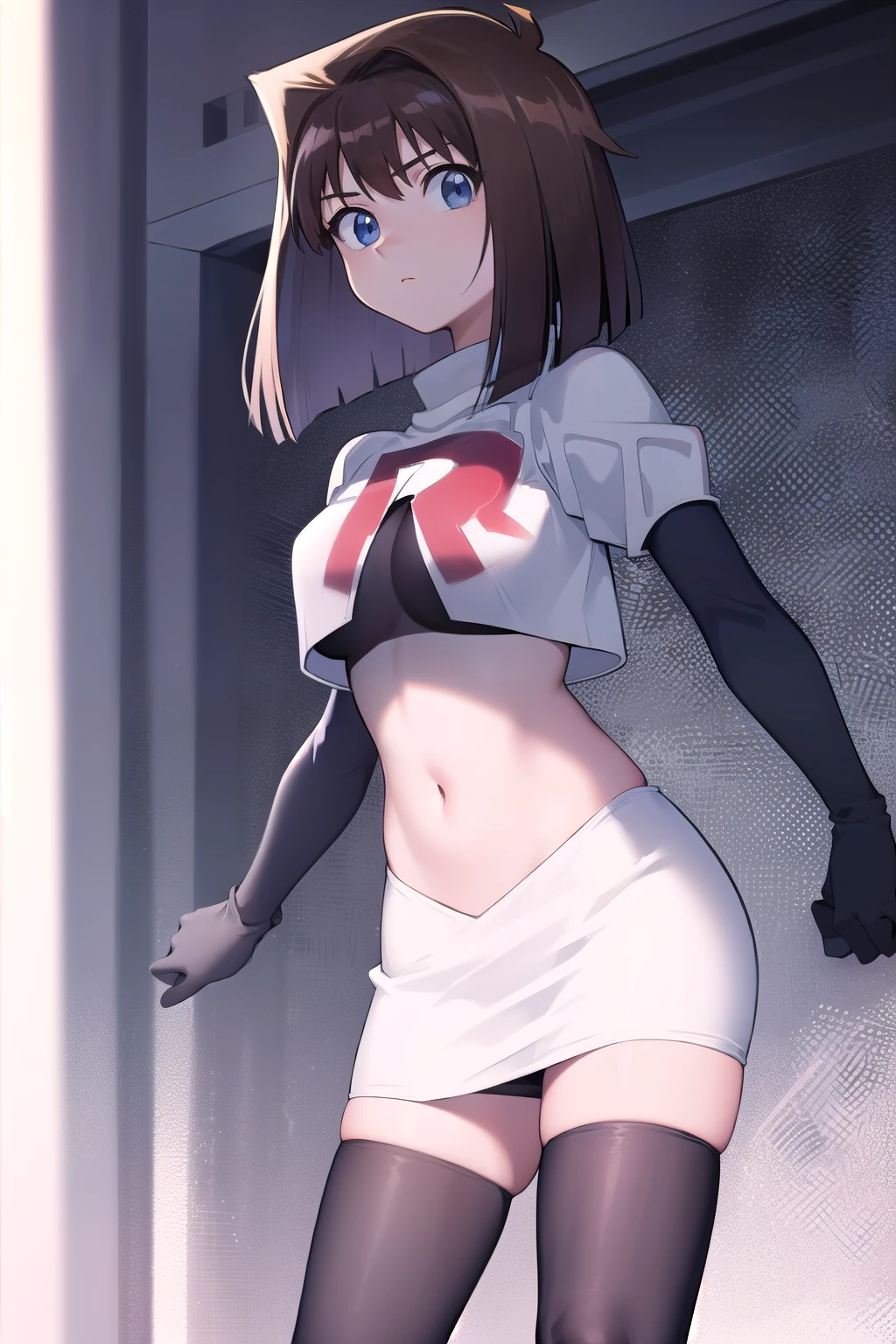 aamazaki, (antenna hair:1.2), blue eyes,medium breasts, team rocket,team rocket uniform,white skirt,red letter R,crop top,black thigh-highs,black elbow gloves,
beautiful, masterpiece, best quality, looking at viewer,