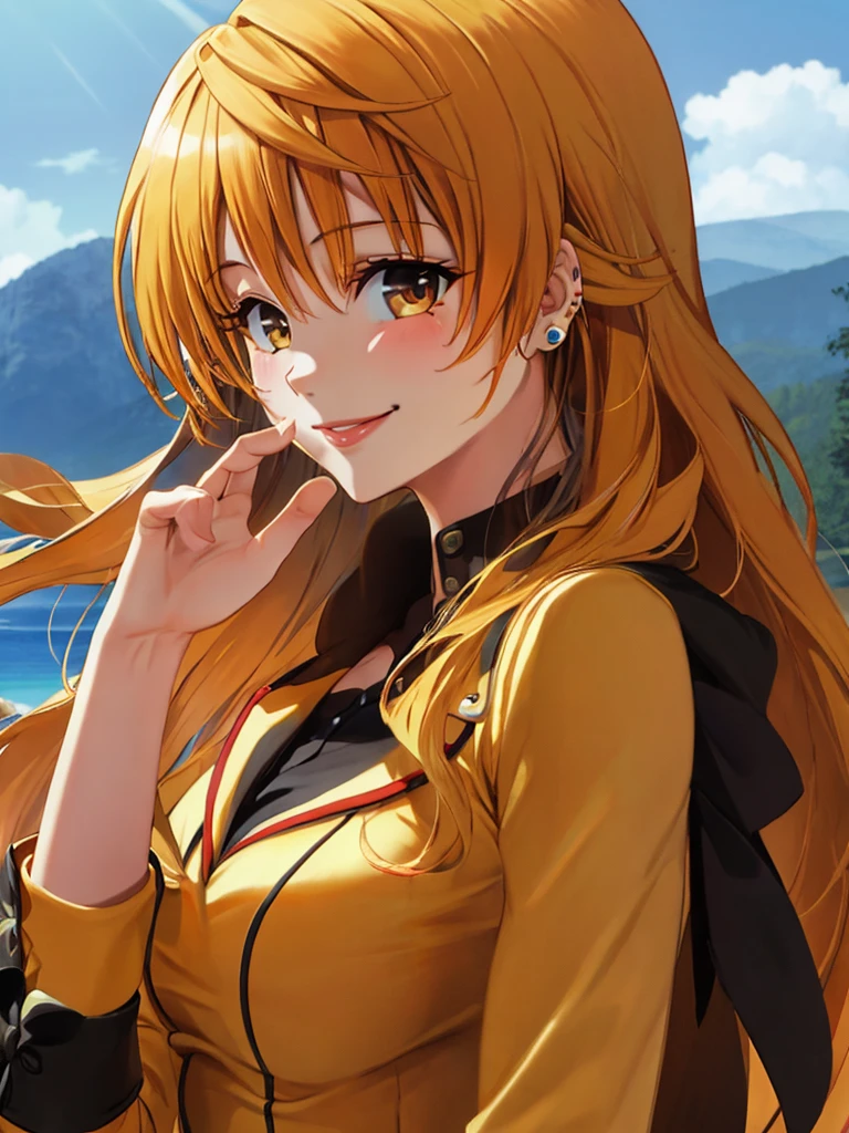 1girl, solo, long hair, looking at viewer, smile, blonde hair, jewelry, jacket, upper body, earrings, outdoors, sky, day, nail polish, lips, black jacket, piercing, black nails