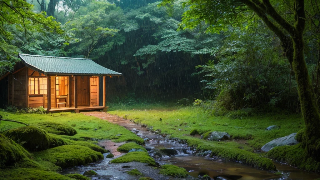 night,in the forest,It rains,Gentle rain,One hut,There is a little moss on it,People live here,Gentle Light,There is a path at the hut,Stone slab road