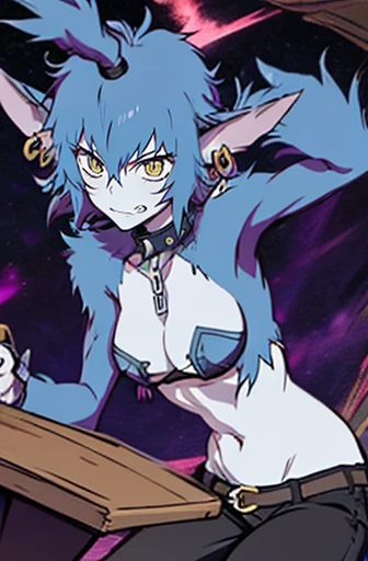 Wolfie, leather pants, small spiral breast, long ears, earrings, spike caller, sharp teeth,