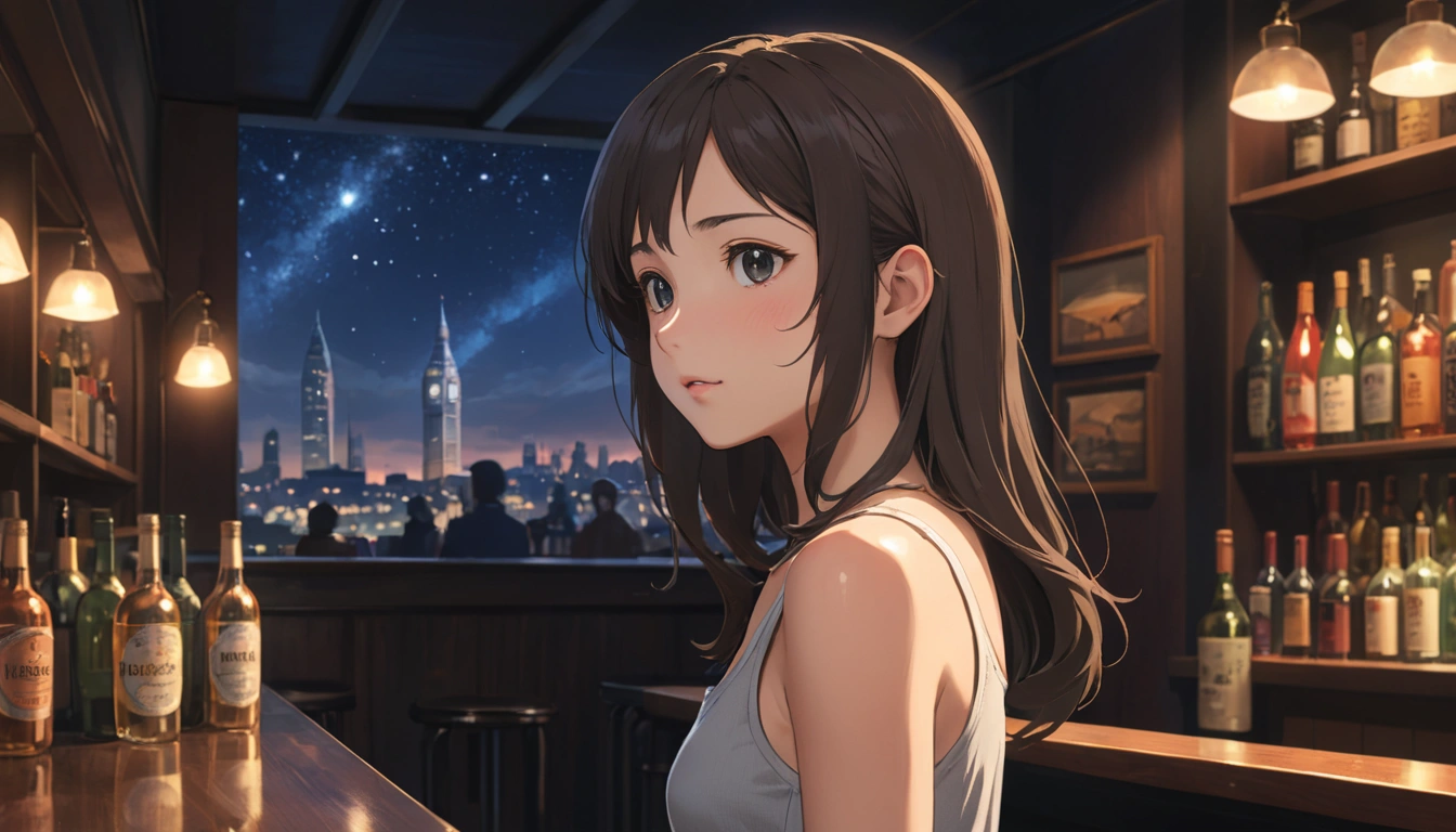 Uses Makoto Shinkai's depiction perfectly,Olga Schepsのポートレート,8k 4k masterpiece photo ,London,A jazz bar with a glass ceiling,The twinkling stars can be seen through the glass windows.,It's a dark night outside,Jazz is playing,Close-up of profile,Beautiful in profile,Semi-long hair,Look in a different direction,Standing alone at the counter,Tight-fitting tank top,Bust is medium,Same character as before、At the same store as before