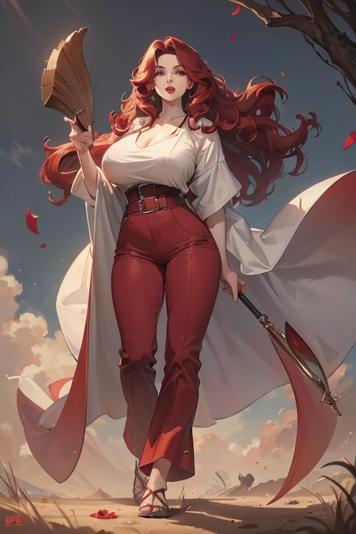 A large breasted redhead standing on the ground, wide hips, thin waist, beautiful full red lips, lush wavy hair, long torpedo shaped tits, brown pants, loose white blouse