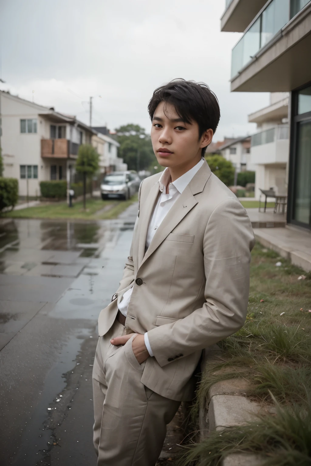 A hot South Korean boy  , vary slim boy, wearing black informal suit, standing outside the apartment, surrounding big grass field, rainy climate, full frame photo , excessive cuteness, chubby cheeks, medium soft glossy hair, chilling the ambience