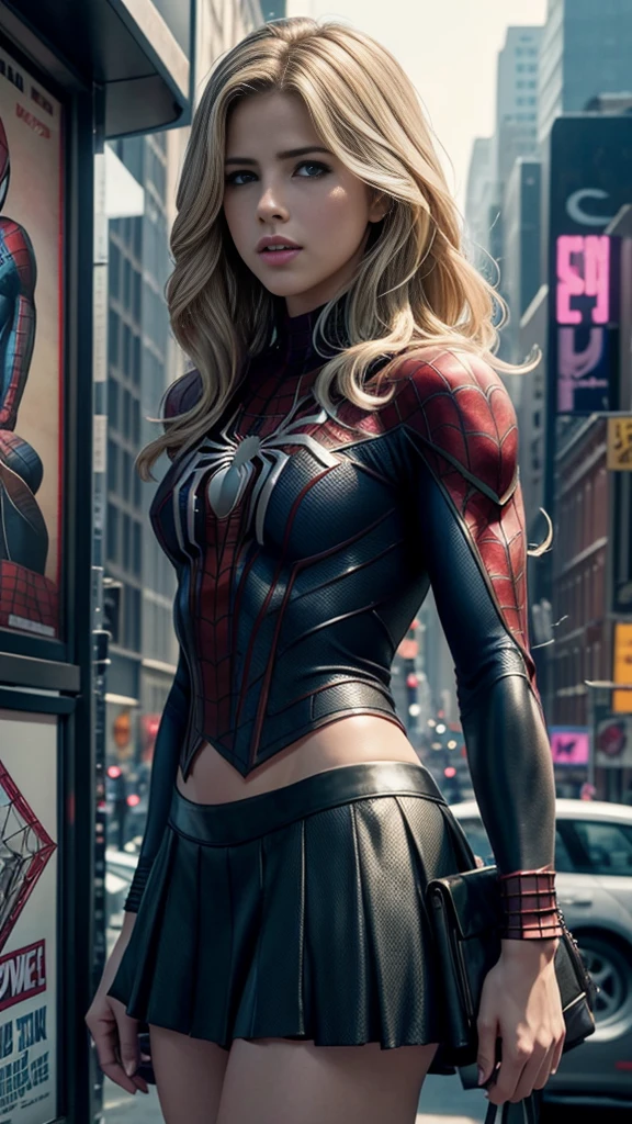 Emily Bett Rickards、マーベルコミックの映画Poster、so beautiful、Movies about Spider-Man、sexy、whole body、Wearing a skirt、Premiere Date、Poster、belly buttonを突き出す、new york、She&#39;s wearing a ripped Spiderman suit、The suit is torn、Wearing a skirt、Red and black color scheme、dynamic、masterpiece、highest quality、Super detailed、Very detailed、Delicate and beautiful shine、Ultra-high resolution、Cinematic、break、breakドロップ、(Torn clothes:1.5)、(Wet clothes:1.4)、Bare shoulders、Real Rain、Wet Hair、belly button、Exposed Skin、sexyな肩を披露