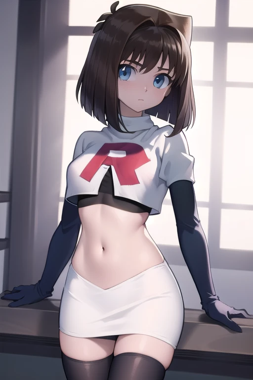 aamazaki, (antenna hair:1.2), blue eyes,medium breasts, team rocket,team rocket uniform,white skirt,red letter R,crop top,black thigh-highs,black elbow gloves,
beautiful, masterpiece, best quality, looking at viewer,