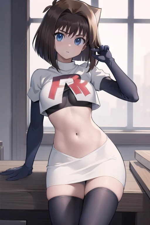 aamazaki, (antenna hair:1.2), blue eyes,medium breasts, team rocket,team rocket uniform,white skirt,red letter R,crop top,black thigh-highs,black elbow gloves,
beautiful, masterpiece, best quality, looking at viewer,