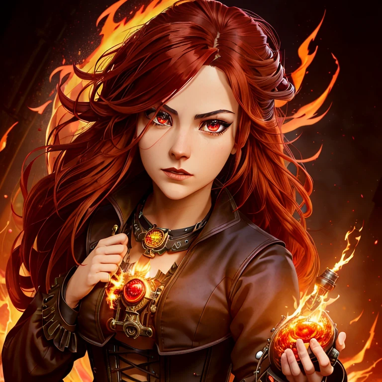(girl with modest black and red steampunk outfit, steampunk goggles on forehead), wide shot, full body, front view, (((crimson eyes))), crimson hair, long hair, (perfect hands), gold necklace with red gem, flames surround her, wreathed in flame, global illumination, determined look at the viewer, illustrations, high-quality, ultra-detailed, vivid colors, portraits, warm color tones, soft lighting, long flowing red hair,  leather corset, mechanical accessories, industrial background, intense expression, flaming red eyes, (infernal aura), standing before a roaring bonfire, passionate expression, twilight, fiery landscape, crackling flames, intense atmosphere, (crackling embers), (dancing flames), Ignia, fiery eyes, background of blazing inferno