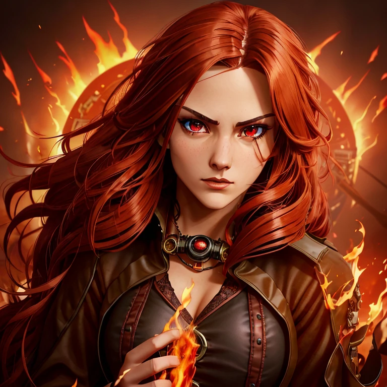 (girl with modest black and red steampunk outfit, steampunk goggles on forehead), wide shot, full body, front view, (((crimson eyes))), crimson hair, long hair, (perfect hands), gold necklace with red gem, flames surround her, wreathed in flame, global illumination, determined look at the viewer, illustrations, high-quality, ultra-detailed, vivid colors, portraits, warm color tones, soft lighting, long flowing red hair,  leather corset, mechanical accessories, industrial background, intense expression, flaming red eyes, (infernal aura), standing before a roaring bonfire, passionate expression, twilight, fiery landscape, crackling flames, intense atmosphere, (crackling embers), (dancing flames), Ignia, fiery eyes, background of blazing inferno