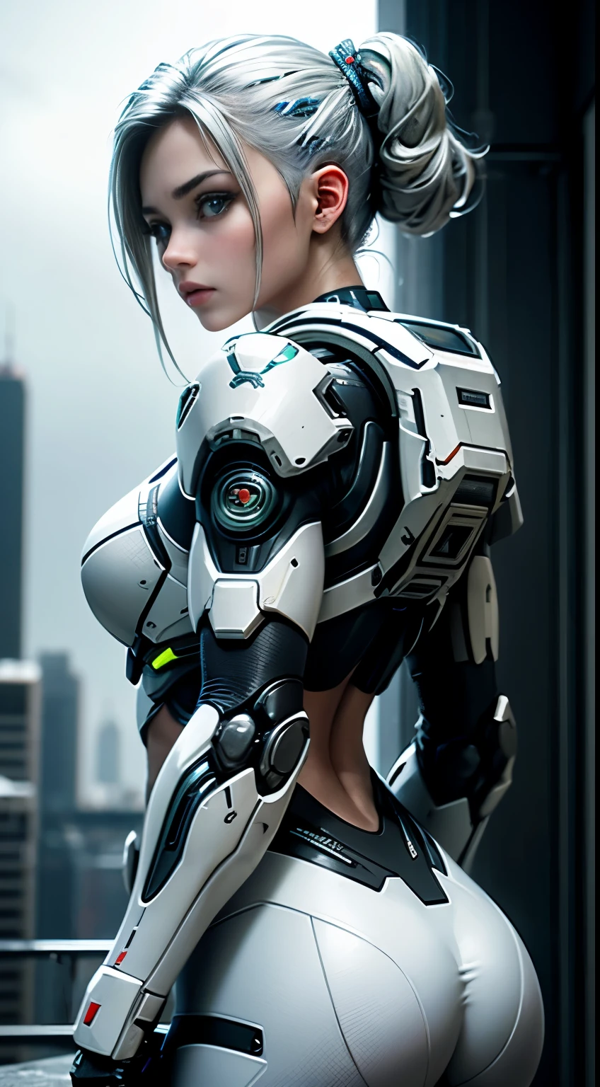 (8K,photorealistic Raw photography top quality;1.4) Gun style female soldier in the background, Girl in White Mech, Cyberpunk anime mecha girl, Wearing sci-fi military armor, Beautiful cyborg white girl, Cyborg - Silver Girl, White Mech of Fira, Echo the Overwatch, Perfect anime cyborg woman, Blue pupils, five fingers, CGhSociety NVIDIA RTX, super resolution,