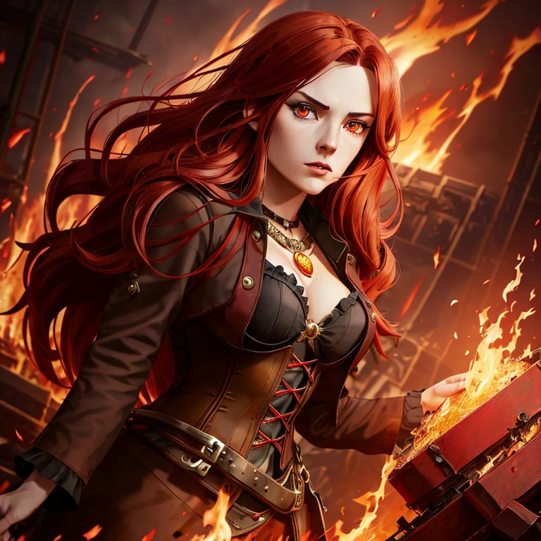 (girl with modest black and red steampunk outfit), wide shot, full body, front view, (((crimson eyes))), crimson hair, long hair, (perfect hands), gold necklace with red gem, flames surround her, wreathed in flame, global illumination, determined look at the viewer, illustrations, high-quality, ultra-detailed, vivid colors, portraits, warm color tones, soft lighting, long flowing red hair, leather corset, mechanical accessories, industrial background, intense expression, flaming red eyes, (infernal aura), standing before a roaring bonfire, passionate expression, twilight, fiery landscape, crackling flames, intense atmosphere, (crackling embers), (dancing flames), Ignia, fiery eyes, background of blazing inferno