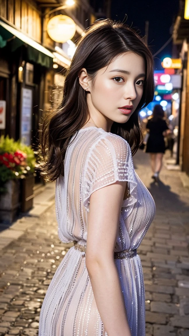 Dark brown hair、Light brown eyes、Japanese actress、 Lady、I am about 40 years old.......、(Intricate details:1.2)、(Which is the top???????:1.4)、 (Ultra-high resolution:1.2)、Ultra-high resolution、(Finely tuned)、(Detailed facial features)、Hmph、8K resolution、D cup size breasts、Long Hair、Extravagant space、relax、、,Full body photo、Head to toe shot、Beautiful feet、、Beautiful feet、she,   Fashion Hub, Very detailed, Very detailed, Realistic, Hourglass Shaped Body, Obscene pose,、、私 cry a lot、tears、diagonally from below、please lift your chin、relaxした表情、Pose of Weakness、(auraroid photo:1.2)、A masterpiece of transparent painting、8k、32k、highest quality、(Details of both eyes)、1 girl、elegant、(Loose dress :1.4)、night、(Low Angle、Rear View.:1.2)、A masterpiece of transparent painting、Picture of a street with flower shops , Flowers, Beautiful Art UHD 4K, Beautiful artwork illustration, Beautiful digital painting, Very detailedなデジタル絵画, Beautiful digital art, A bustling magical town, Mediterranean fishing village, Mediterranean cities, Detailed painting 4k, ancient mediterranean village, Very detailedなデジタル絵画, Rich, picturesque colors, Gorgeous digital painting、Italy　Rome、horseに乗る、乗horse、horse、