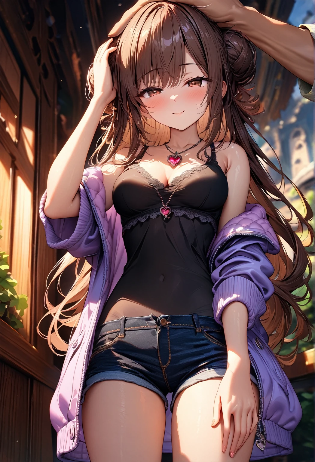 (best quality, top details, high quality, detailed, highest quality, 4k, 8k resolution, highres, ultra fine painting, masterpiece:1.2), digital art, 8k CG wallpaper, detailed background, absurd, epic lighting, RAW photo, POV shot, sharp focus, HDR, UHD, extreme detail description, amateur photography, good lighting, soft light, soft colors, looking at viewer, detailed lights and shadows, niji style, stylish, ultra, ultra-detailed, trending art, master crafted, blurry background, pose, (top quality, details), solo, 1 girl, A nervous girl, (medium breasts:1.2), tight bust, flushtered, nice hips, nice body, casual, innocent teen, (cute, slim, nervous face), brown hair, long flowing hair, twin buns hairstyle, long bangs, (long hair), middle hair bangs, brown eyes, full body, ((black string tanktop:1.2), off shoulder green open hoodie, shorts), one big red gem heart necklace, ((getting headpats from another hand:1.5), ((3 hands)), a hand on head, rubbing hair, headpats, (((half lidded eyes))), body tilting to the touch, , lean in to the touch, smiling:1.2)